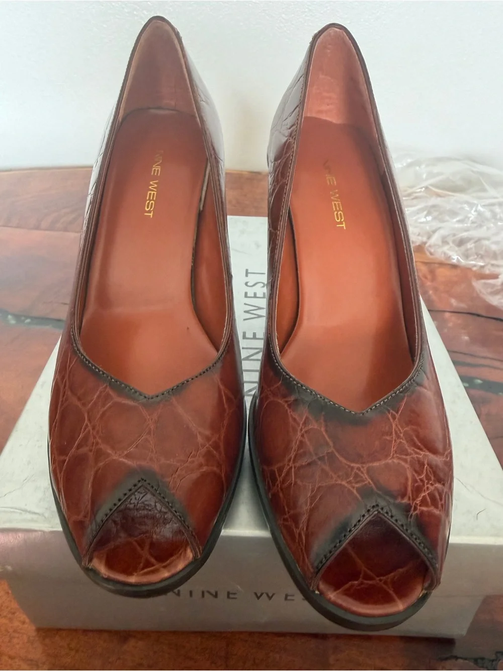 Nine West Cognac Croc-Embossed Leather Peep-Toe Pumps
